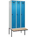 Vestiaire C+P Evolo Plus, 3 compartiments de 300 mm de large, banquette flottante, L 900 x P 815 x H 2120 mm, loquet rotatif, gris clair/bleu clair