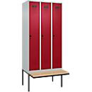 Vestiaire C+P Evolo Plus, 3 compartiments de 300 mm de large, banquette flottante, L 900 x P 815 x H 2120 mm, loquet rotatif, gris clair/rouge rubis