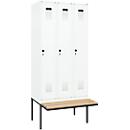 Vestiaire C+P Evolo Plus, 3 compartiments de 300 mm de large, banquette flottante, L 900 x P 815 x H 2120 mm, verrou rotatif, blanc signalisation/blanc trafic