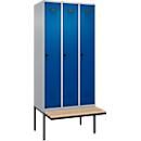 Vestiaire C+P Evolo Plus, 3 compartiments de 300 mm de large, banquette flottante, L 900 x P 815 x H 2120 mm, verrou tournant, aluminium blanc/bleu gentiane