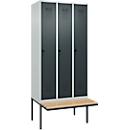 Vestiaire C+P Evolo Plus, 3 compartiments de 300 mm de large, banquette flottante, L 900 x P 815 x H 2120 mm, verrou tournant, gris clair/anthracite