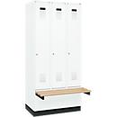 Vestiaire C+P Evolo Plus, 3 compartiments de 300 mm de large, socle, banquette flottante, L 900 x P 815 x H 1950 mm, cylindre, blanc signalisation/blanc trafic