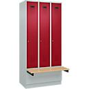 Vestiaire C+P Evolo Plus, 3 compartiments de 300 mm de large, socle, banquette flottante, L 900 x P 815 x H 1950 mm, cylindre, gris clair/rouge rubis