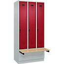 Vestiaire C+P Evolo Plus, 3 compartiments de 300 mm de large, socle, banquette flottante, L 900 x P 815 x H 1950 mm, loquet rotatif, gris clair/rouge rubis