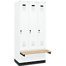 Vestiaire C+P Evolo Plus, 3 compartiments de 300 mm de large, socle, banquette flottante, L 900 x P 815 x H 1950 mm, verrou rotatif, blanc signalisation/blanc trafic
