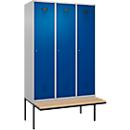 Vestiaire C+P Evolo Plus, 3 compartiments de 400 mm de large, banquette flottante, L 1200 x P 815 x H 2120 mm, cylindre, aluminium blanc/bleu gentiane
