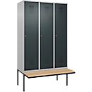 Vestiaire C+P Evolo Plus, 3 compartiments de 400 mm de large, banquette flottante, L 1200 x P 815 x H 2120 mm, cylindre, aluminium blanc/gris anthracite