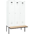 Vestiaire C+P Evolo Plus, 3 compartiments de 400 mm de large, banquette flottante, L 1200 x P 815 x H 2120 mm, cylindre, blanc signalisation/blanc trafic