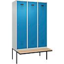 Vestiaire C+P Evolo Plus, 3 compartiments de 400 mm de large, banquette flottante, L 1200 x P 815 x H 2120 mm, cylindre, gris clair/bleu clair