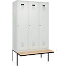 Vestiaire C+P Evolo Plus, 3 compartiments de 400 mm de large, banquette flottante, L 1200 x P 815 x H 2120 mm, cylindre, gris clair/gris clair