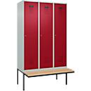 Vestiaire C+P Evolo Plus, 3 compartiments de 400 mm de large, banquette flottante, L 1200 x P 815 x H 2120 mm, cylindre, gris clair/rouge rubis