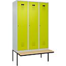 Vestiaire C+P Evolo Plus, 3 compartiments de 400 mm de large, banquette flottante, L 1200 x P 815 x H 2120 mm, cylindre, gris clair/vert clown