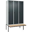 Vestiaire C+P Evolo Plus, 3 compartiments de 400 mm de large, banquette flottante, L 1200 x P 815 x H 2120 mm, loquet rotatif, gris clair/gris anthracite