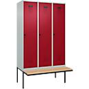 Vestiaire C+P Evolo Plus, 3 compartiments de 400 mm de large, banquette flottante, L 1200 x P 815 x H 2120 mm, loquet rotatif, gris clair/rouge rubis