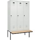 Vestiaire C+P Evolo Plus, 3 compartiments de 400 mm de large, banquette flottante, L 1200 x P 815 x H 2120 mm, verrou rotatif, gris clair/gris clair