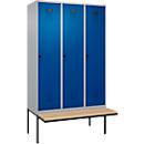 Vestiaire C+P Evolo Plus, 3 compartiments de 400 mm de large, banquette flottante, L 1200 x P 815 x H 2120 mm, verrou tournant, aluminium blanc/bleu gentiane