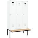 Vestiaire C+P Evolo Plus, 3 compartiments de 400 mm de large, banquette flottante, L 1200 x P 815 x H 2120 mm, verrou tournant, blanc signalisation/blanc trafic
