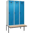 Vestiaire C+P Evolo Plus, 3 compartiments de 400 mm de large, banquette flottante, L 1200 x P 815 x H 2120 mm, verrou tournant, gris clair/bleu clair