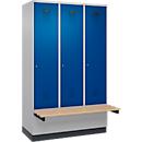 Vestiaire C+P Evolo Plus, 3 compartiments de 400 mm de large, socle, banc flottant, L 1200 x P 815 x H 1950 mm, cylindre, aluminium blanc/bleu gentiane