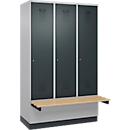 Vestiaire C+P Evolo Plus, 3 compartiments de 400 mm de large, socle, banc flottant, L 1200 x P 815 x H 1950 mm, cylindre, aluminium blanc/gris anthracite