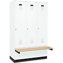 Vestiaire C+P Evolo Plus, 3 compartiments de 400 mm de large, socle, banquette flottante, L 1200 x P 815 x H 1950 mm, cylindre, blanc signalisation/blanc trafic