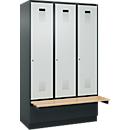 Vestiaire C+P Evolo Plus, 3 compartiments de 400 mm de large, socle, banquette flottante, L 1200 x P 815 x H 1950 mm, cylindre, gris anthracite/gris clair