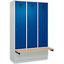 Vestiaire C+P Evolo Plus, 3 compartiments de 400 mm de large, socle, banquette flottante, L 1200 x P 815 x H 1950 mm, cylindre, gris clair/bleu gentiane