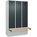 Vestiaire C+P Evolo Plus, 3 compartiments de 400 mm de large, socle, banquette flottante, L 1200 x P 815 x H 1950 mm, cylindre, gris clair/gris anthracite
