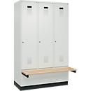 Vestiaire C+P Evolo Plus, 3 compartiments de 400 mm de large, socle, banquette flottante, L 1200 x P 815 x H 1950 mm, cylindre, gris clair/gris clair