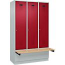 Vestiaire C+P Evolo Plus, 3 compartiments de 400 mm de large, socle, banquette flottante, L 1200 x P 815 x H 1950 mm, cylindre, gris clair/rouge rubis