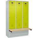 Vestiaire C+P Evolo Plus, 3 compartiments de 400 mm de large, socle, banquette flottante, L 1200 x P 815 x H 1950 mm, cylindre, gris clair/vert clown