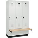 Vestiaire C+P Evolo Plus, 3 compartiments de 400 mm de large, socle, banquette flottante, L 1200 x P 815 x H 1950 mm, loquet rotatif, gris clair/gris clair
