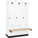Vestiaire C+P Evolo Plus, 3 compartiments de 400 mm de large, socle, banquette flottante, L 1200 x P 815 x H 1950 mm, verrou rotatif, blanc signalisation/blanc trafic