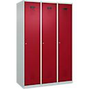 Vestiaire C+P Evolo Plus, 3 compartiments, largeur 400 mm, serrure à cylindre, butée soft, L 1.200 x P 500 x H 1.850 m, gris clair/rouge rubis