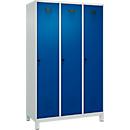 Vestiaire C+P Evolo Plus, 3 compartiments, largeur de compartiment 400 mm, avec pieds, butée à droite, butée Soft, anti-effraction, L 1200 x P 500 x H 1950 mm, fermeture de sécurité à pêne rotatif, gris clair RAL 7035/bleu enzyme RAL 5010