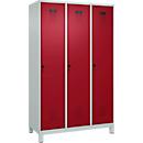 Vestiaire C+P Evolo Plus, 3 compartiments, largeur de compartiment 400 mm, avec pieds, butée à droite, butée Soft, anti-effraction, L 1200 x P 500 x H 1950 mm, fermeture de sécurité à pêne rotatif, gris clair RAL 7035/rouge rubis RAL 3003