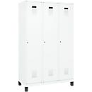 Vestiaire C+P Evolo Plus, 3 compartiments, largeur de compartiment 400 mm, avec pieds, butée à droite, butée soft, anti-effraction, L 1200 x P 500 x H 1950 mm, serrure à cylindre, blanc trafic RAL 9016/blanc trafic RAL 9016