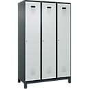 Vestiaire C+P Evolo Plus, 3 compartiments, largeur de compartiment 400 mm, avec pieds, butée à droite, butée Soft, anti-effraction, L 1200 x P 500 x H 1950 mm, serrure à cylindre, gris anthracite RAL 7016/gris clair RAL 7035