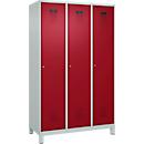 Vestiaire C+P Evolo Plus, 3 compartiments, largeur de compartiment 400 mm, avec pieds, butée à droite, butée Soft, anti-effraction, L 1200 x P 500 x H 1950 mm, serrure à cylindre, gris clair RAL 7035/rouge rubis RAL 3003