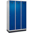 Vestiaire C+P Evolo Plus, 3 compartiments, largeur de compartiment 400 mm, avec socle, charnières à droite, L 1200 x P 500 x H 1950 mm, cylindre, aluminium blanc/bleu enzyme