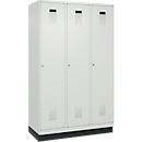 Vestiaire C+P Evolo Plus, 3 compartiments, largeur de compartiment 400 mm, avec socle, charnières à droite, L 1200 x P 500 x H 1950 mm, cylindre, gris clair/gris clair