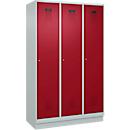 Vestiaire C+P Evolo Plus, 3 compartiments, largeur de compartiment 400 mm, avec socle, charnières à droite, L 1200 x P 500 x H 1950 mm, cylindre, gris clair/rouge rubis