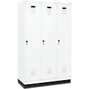 Vestiaire C+P Evolo Plus, 3 compartiments, largeur de compartiment 400 mm, avec socle, charnières à droite, L 1200 x P 500 x H 1950 mm, verrou tournant, blanc signalisation/blanc trafic