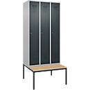 Vestiaire C+P Evolo Plus, 3 compartiments, largeur des compartiments 300 mm, avec banc encastré, L 900 x P 815 x H 2120 mm, cylindre, aluminium blanc/gris anthracite