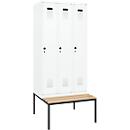 Vestiaire C+P Evolo Plus, 3 compartiments, largeur des compartiments 300 mm, avec banc encastré, L 900 x P 815 x H 2120 mm, verrou rotatif, blanc signalisation/blanc trafic