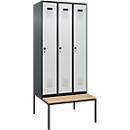 Vestiaire C+P Evolo Plus, 3 compartiments, largeur des compartiments 300 mm, avec banquette encastrée, L 900 x P 815 x H 2120 mm, verrou rotatif, gris anthracite/gris clair