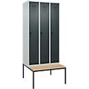 Vestiaire C+P Evolo Plus, 3 compartiments, largeur des compartiments 300 mm, avec banquette encastrée, L 900 x P 815 x H 2120 mm, verrou rotatif, gris clair/gris anthracite