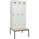 Vestiaire C+P Evolo Plus, 3 compartiments, largeur des compartiments 300 mm, avec banquette encastrée, L 900 x P 815 x H 2120 mm, verrou rotatif, gris clair/gris clair