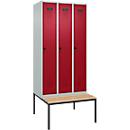 Vestiaire C+P Evolo Plus, 3 compartiments, largeur des compartiments 300 mm, avec banquette encastrée, L 900 x P 815 x H 2120 mm, verrou rotatif, gris clair/rouge rubis