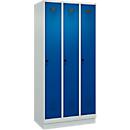 Vestiaire C+P Evolo Plus, 3 compartiments, largeur des compartiments 300 mm, avec socle, butée à droite, butée Soft, anti-effraction, L 900 x P 500 x H 1950 mm, fermeture de sécurité à pêne rotatif, gris clair RAL 7035/bleu enzyme RAL 5010